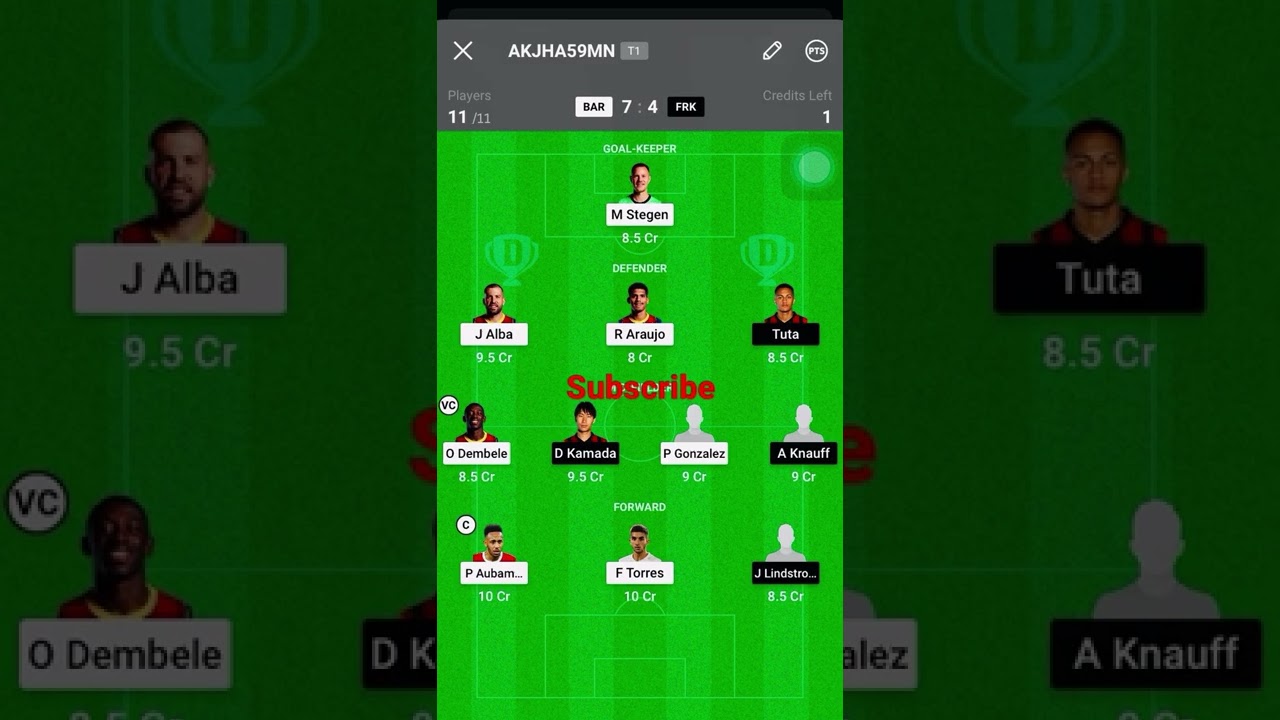 BAR vs FRK | Barcelona vs Frankfurt | Dream11 fantasy football
