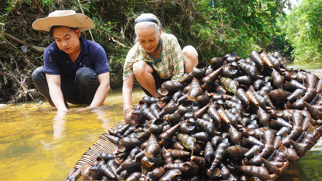 拇指大的山坑螺，不到一小時撿10斤，爆炒煲湯味道一絕Grandma catches wild snails to make delicious snail food｜#田螺  广西 美食 玉林阿婆