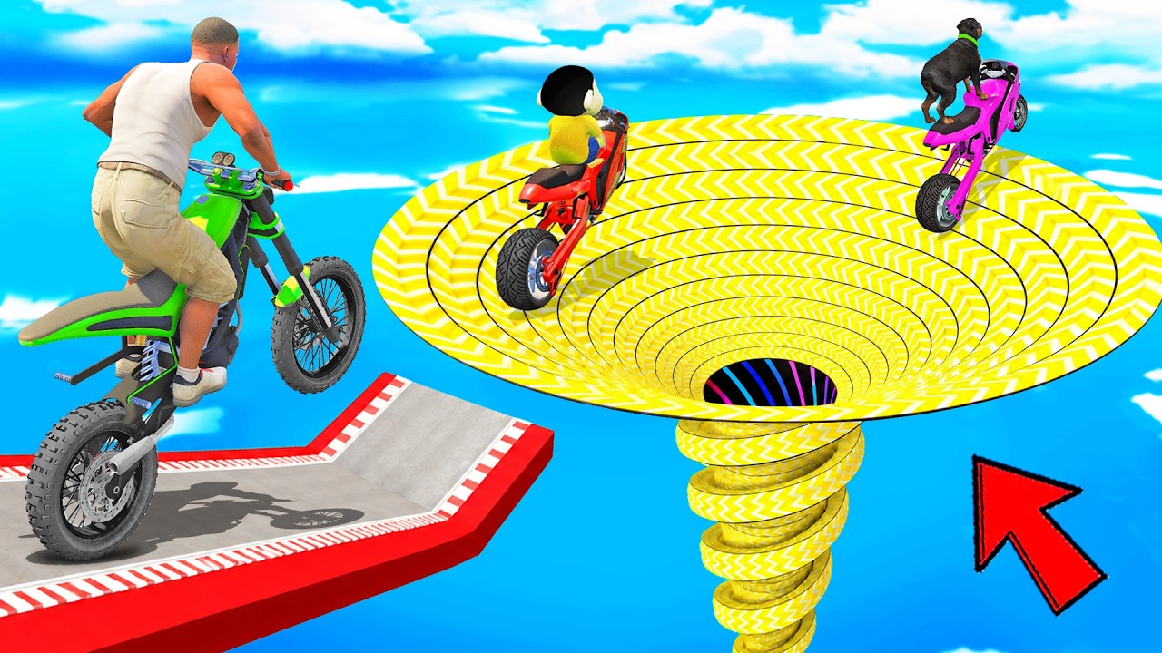 SHINCHAN AND FRANKLIN ENTER THE GIANT YELLOW SPEED BOOSTER FUNNEL TUNNEL PARKOUR CHALLENGE IN GTA 5