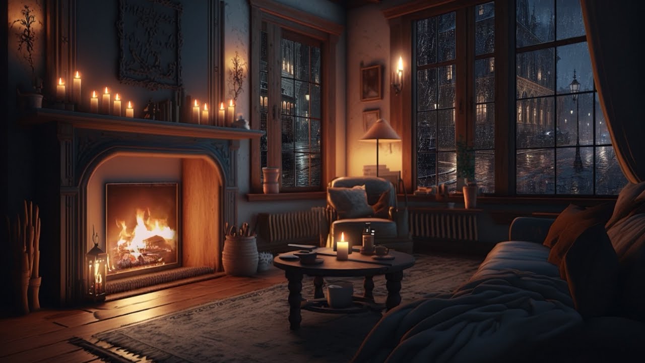 Cozy Fireplace Ambience, Rainy Night in a Warm Living Room | Relax & Unwind