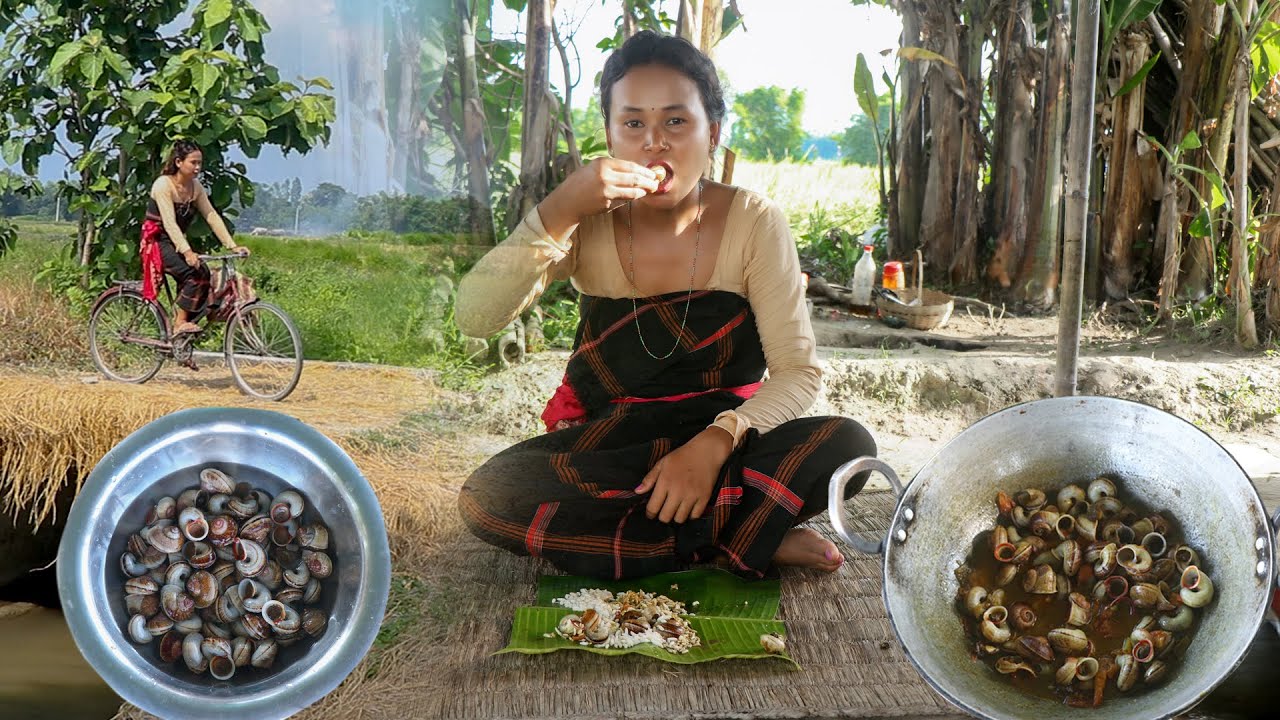 cooking Wild snail and eating | Eat snail and Puffed Rice for lunch