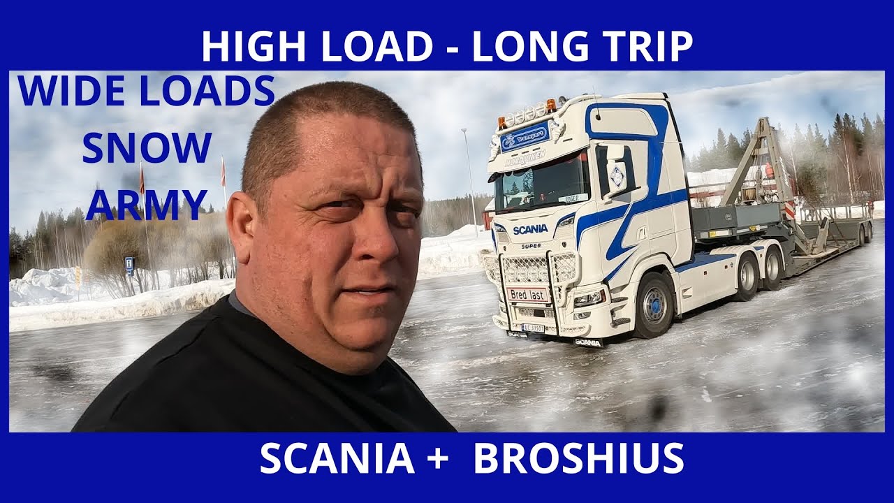 From Tjeldbergodden to Hammerfest. Scania V8 and Broshuis lowloader. Meeting a lot of army wehicles
