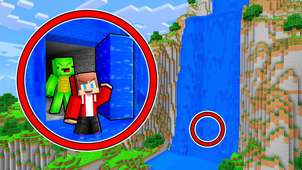 JJ and Mikey Built a SECRET BASE In a WATERFALL in Minecraft - Maizen