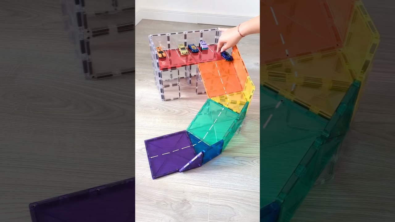 Building a Rainbow Car Park with CONNETIX Magnetic Tiles @playful.stories