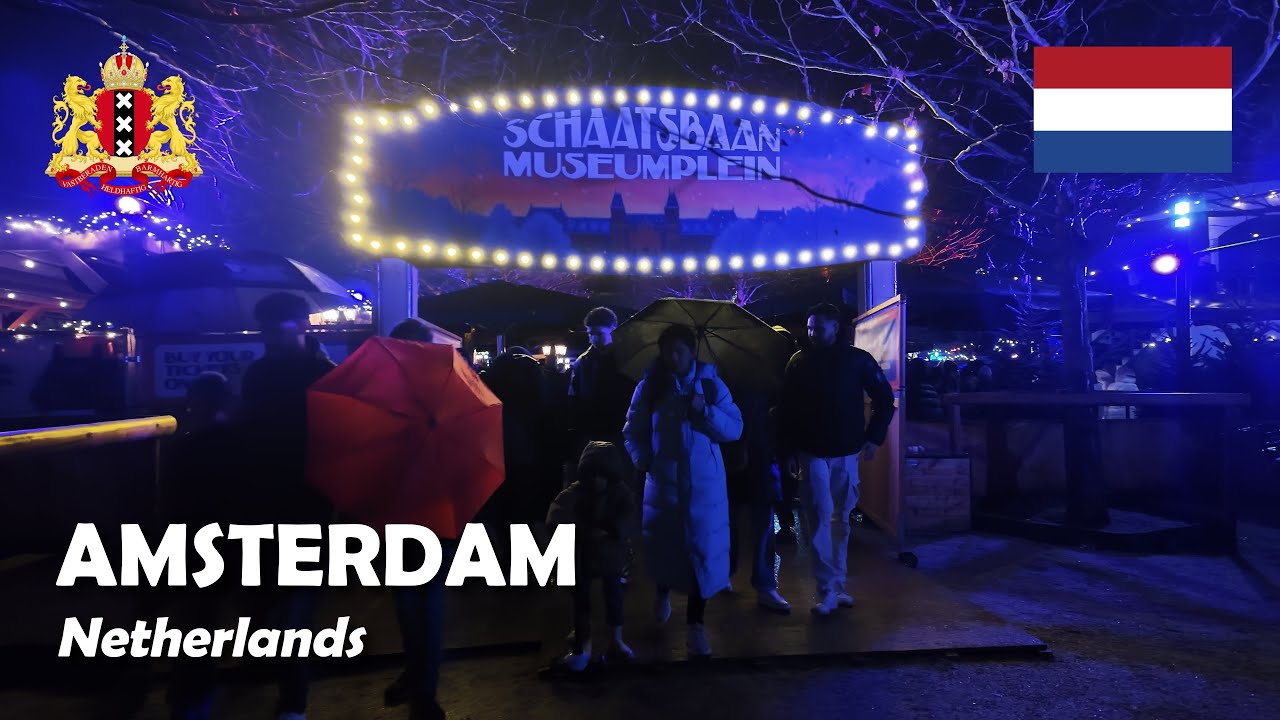 Amsterdam, Netherlands. Christmas Market at Museumplein. 4K