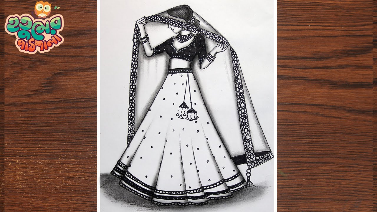 A Girl beautiful traditional dress -lehenga drawing || Pencil sketch for beginner || Mandala art
