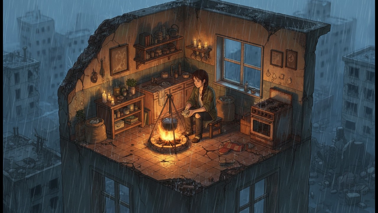 Cocinando Sola Junto al Fuego en una Cocina en Ruinas bajo la Lluvia | Estilo Studio Ghibli