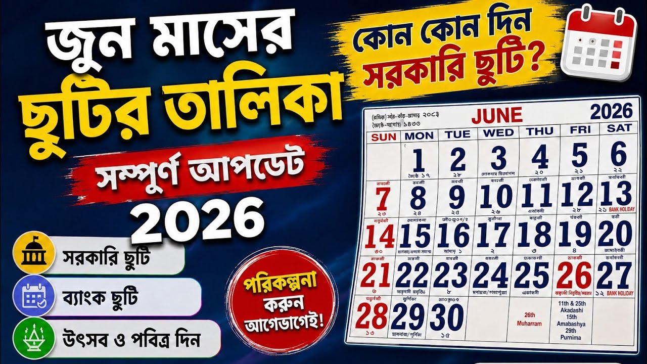 June 2026 মাসের ছুটির তালিকা // June 2026 holiday list // Bengali calendar June 2026 #calendar 