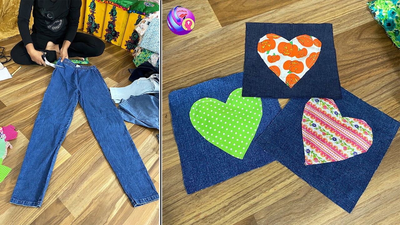 Heart Shape Bedsheet with Scraps of jeans, fabric