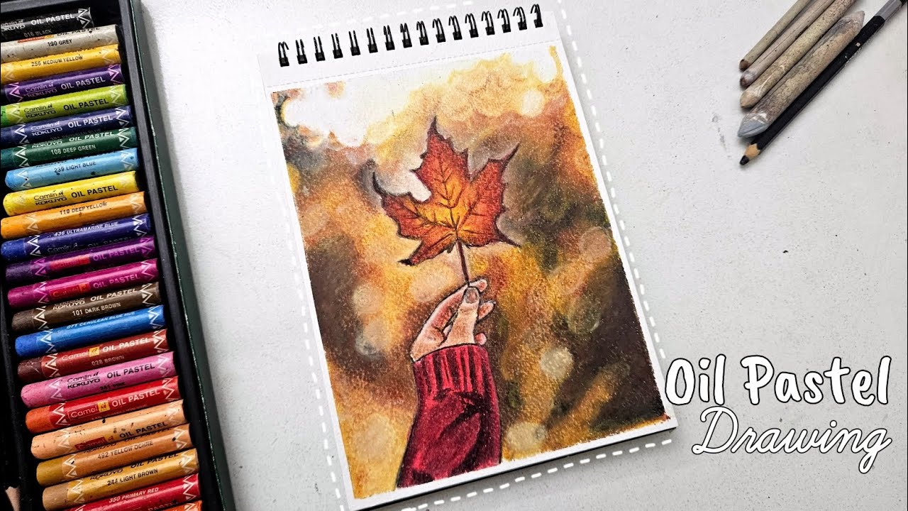 Oil Pastel Drawing - Autumn Scenery | Step by step | How to draw Maple leaf | Realistic drawing