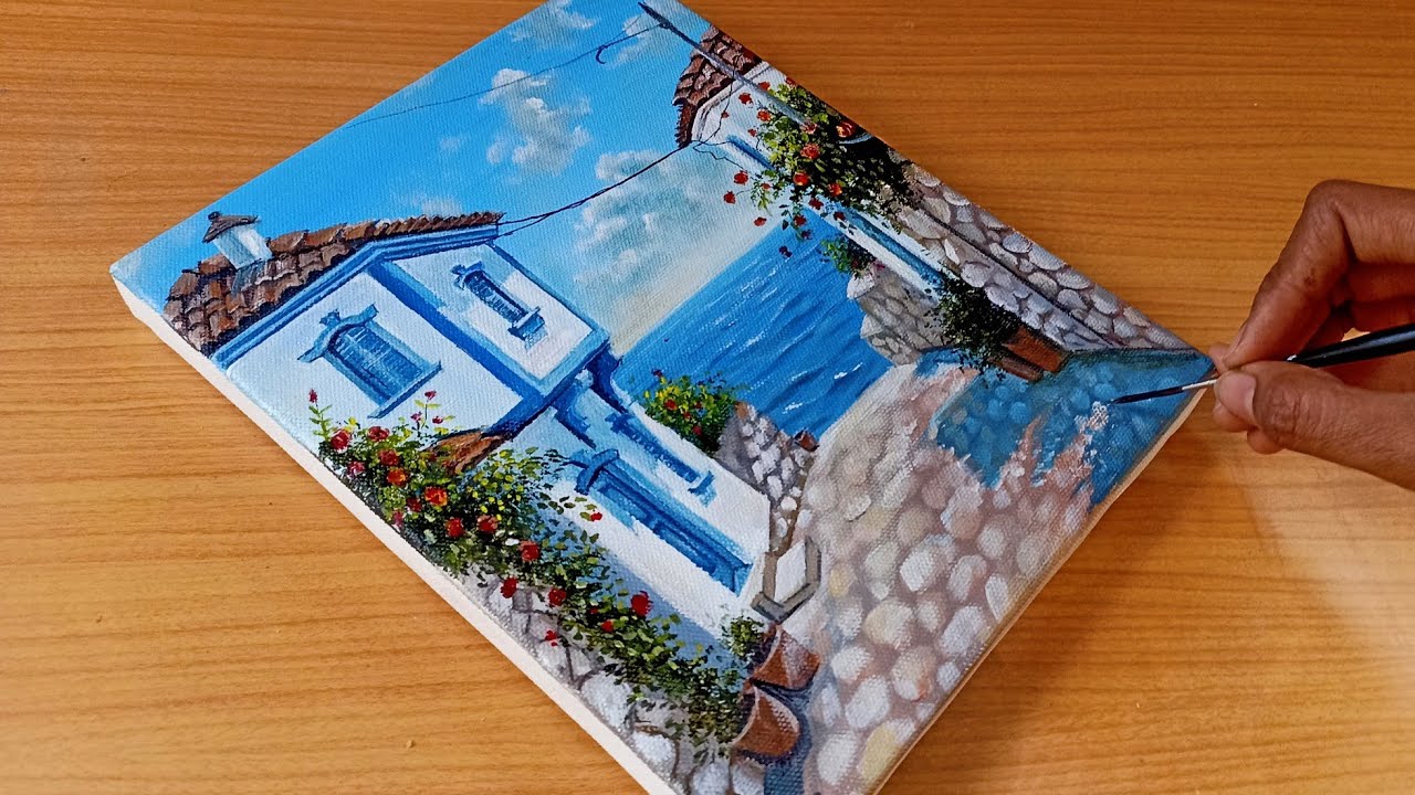 Easy way to paint a beautiful seaside view//Acrylic painting tutorial//Step by step