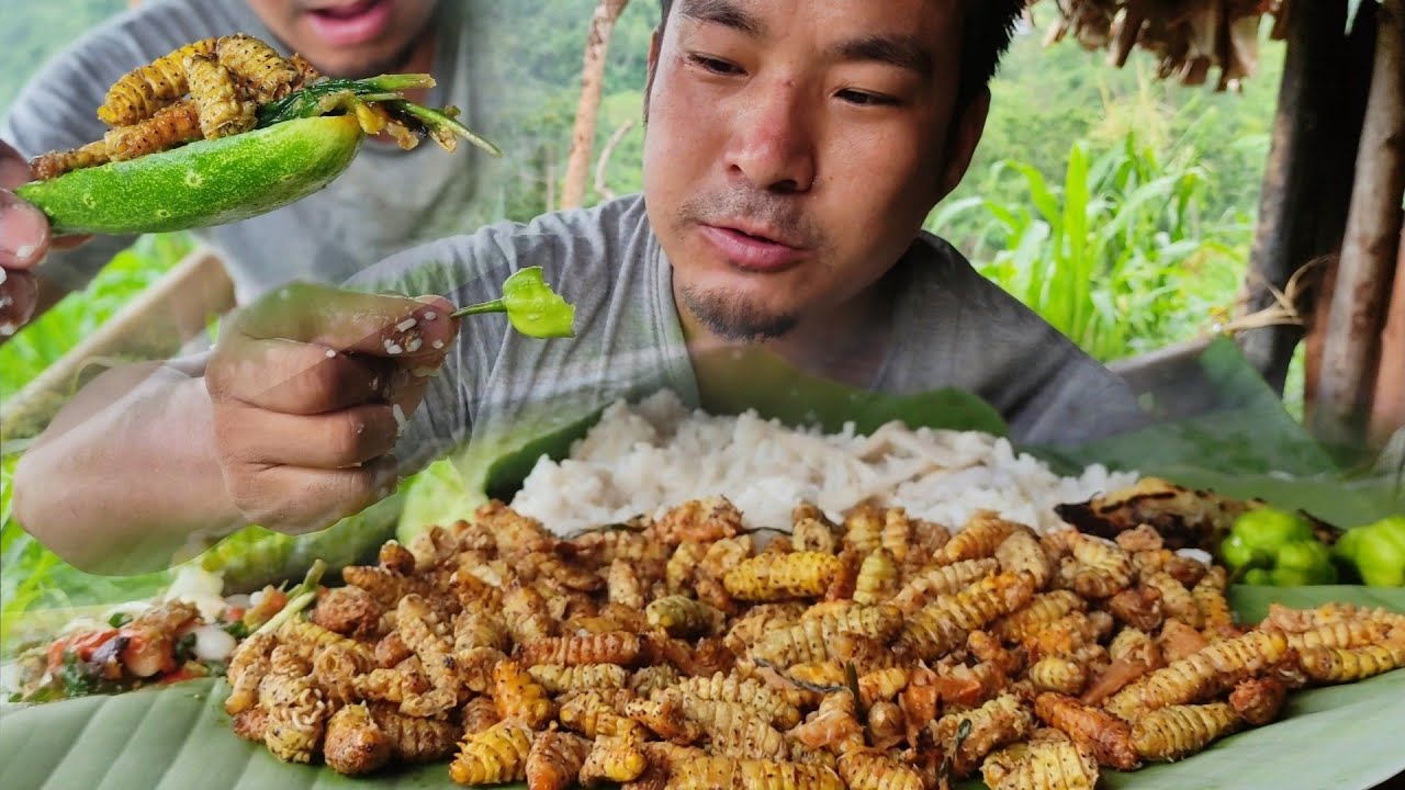 preparing and eating spicy silkworm in Naga traditional style || Northeast mukbang India.