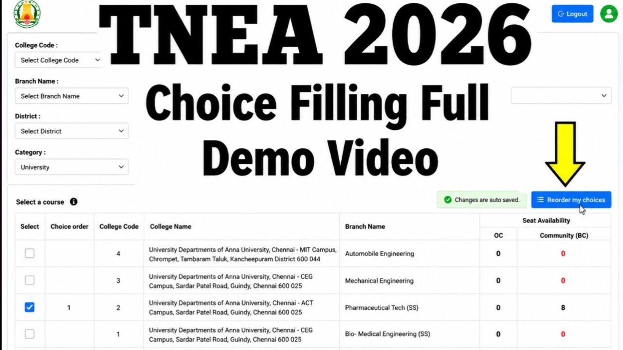 TNEA Counselling 2026 Choice Filling Demo 🔥How to Select Colleges & Courses? Full Step-by-Step Guide