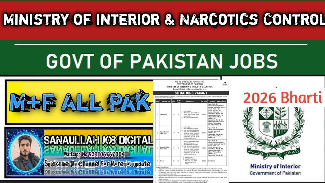 Ministry of interior Narcotics Control department jobs 2026 || Male Female Both Eligible ||Apply Now