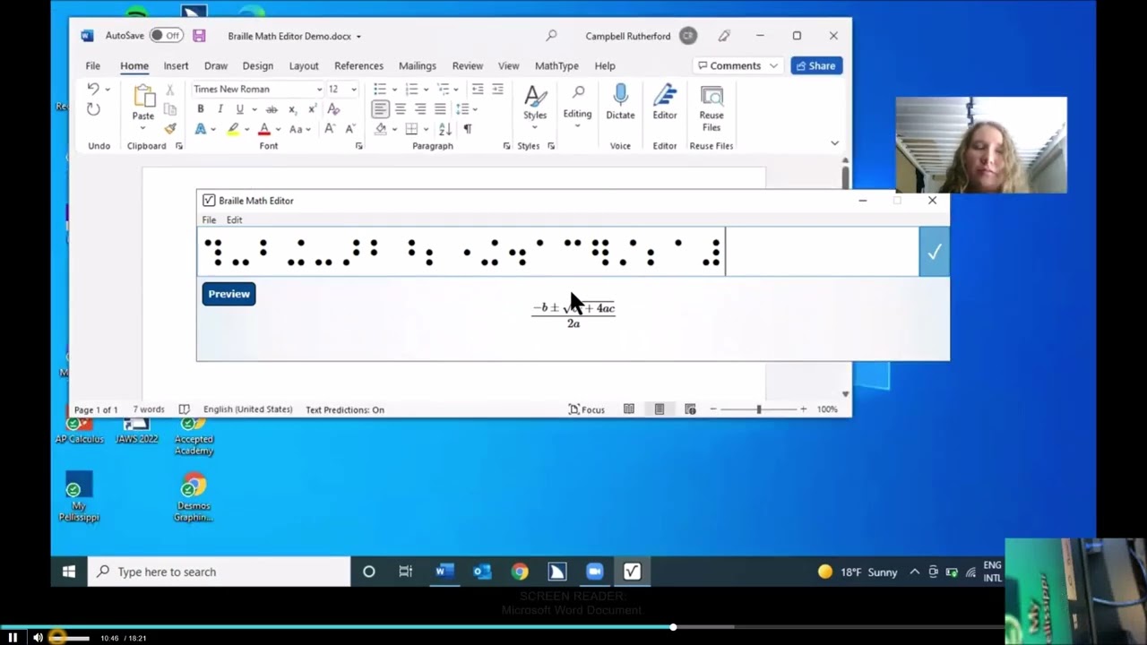 Редактор математических функций шрифта Брайля в Word с Jaws, дисплей Брайля Focus от Campbell