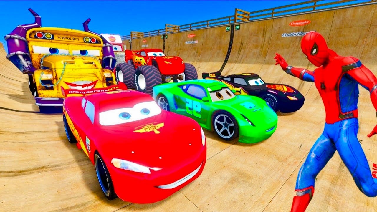 🚗GTA V Spiderman McQueen Cars 2 Vs Mack Truck Mega Ramp - Superheroes car Racing ep.8
