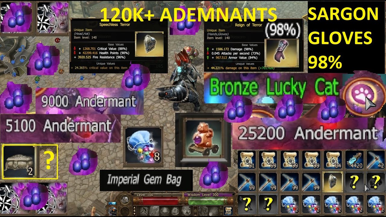 Drakensang Online - Sargon Reign of Terror Gloves 98%,Lucky Cat,120k+ Ademnants,Imperials,Jewels