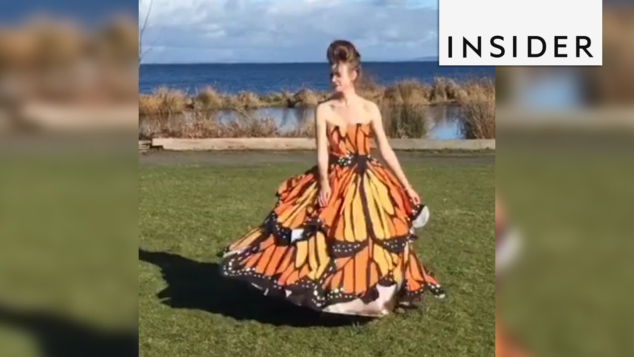 Homemade dress transforms from ball gown to butterfly