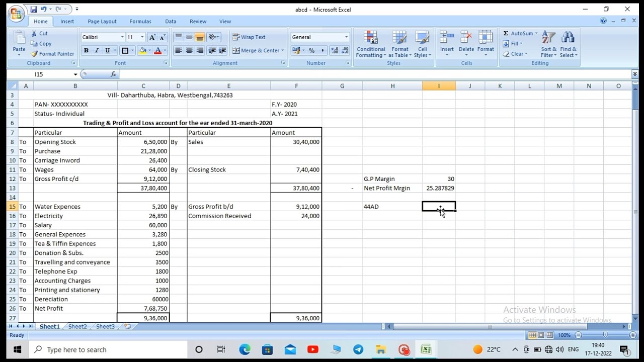 Trading and profit & Loss accounts in Excel for Income tax, practical work with real data. (Hindi)