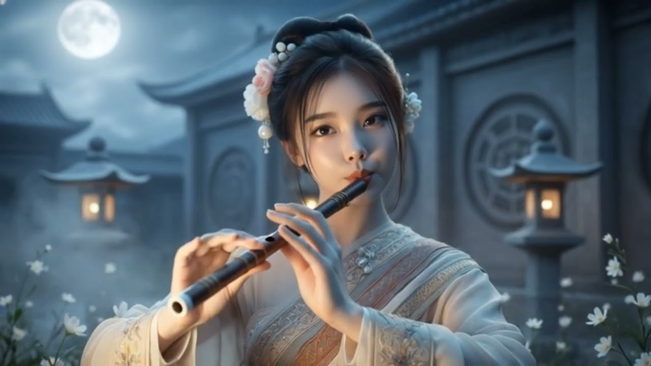 A Beautiful Girl Playing Flute in a Timeless Ancient Temple