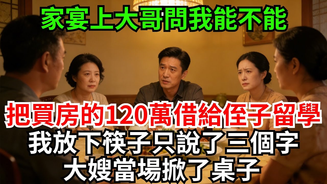 家宴上大哥問我能不能把買新房的120萬，借給侄子出國留學，我放下筷子朝眾人笑了笑，只說了三個字，大嫂當場掀了桌子#完結故事#情感故事#爽文#婆媳關系#家庭生活#故事頻道#故事分享#情感