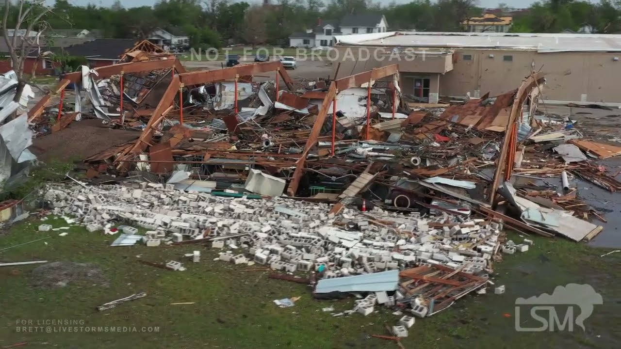 04-20-2023 Shawnee, OK - Tornado Damage via Drone - High School Gym Destroyed - Campus Damaged