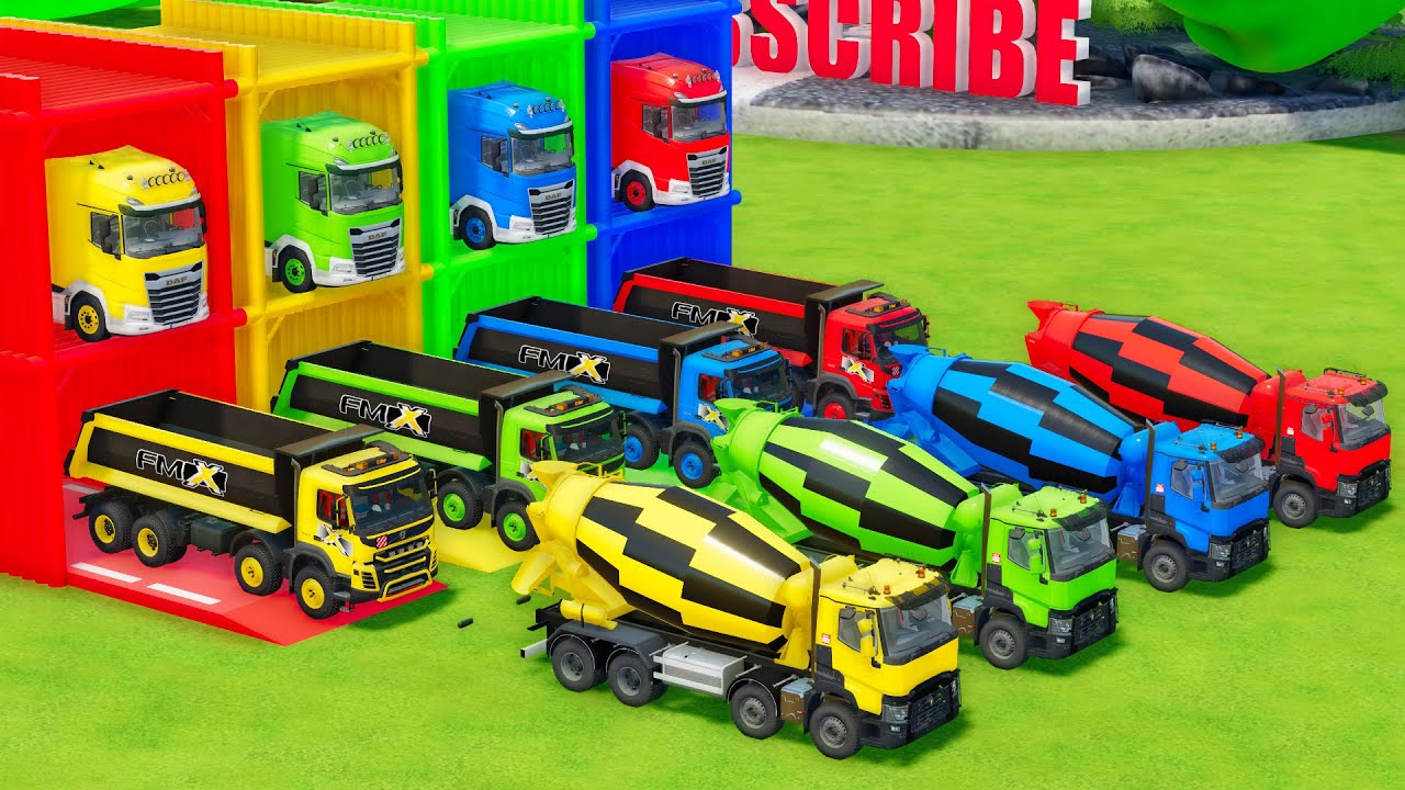 Garage with Colors - ALL MIXER TRUCK WITH DOUBLE FLATBED TRAILER TRUCK, DAF, VOLVO, RENAULT - FS22