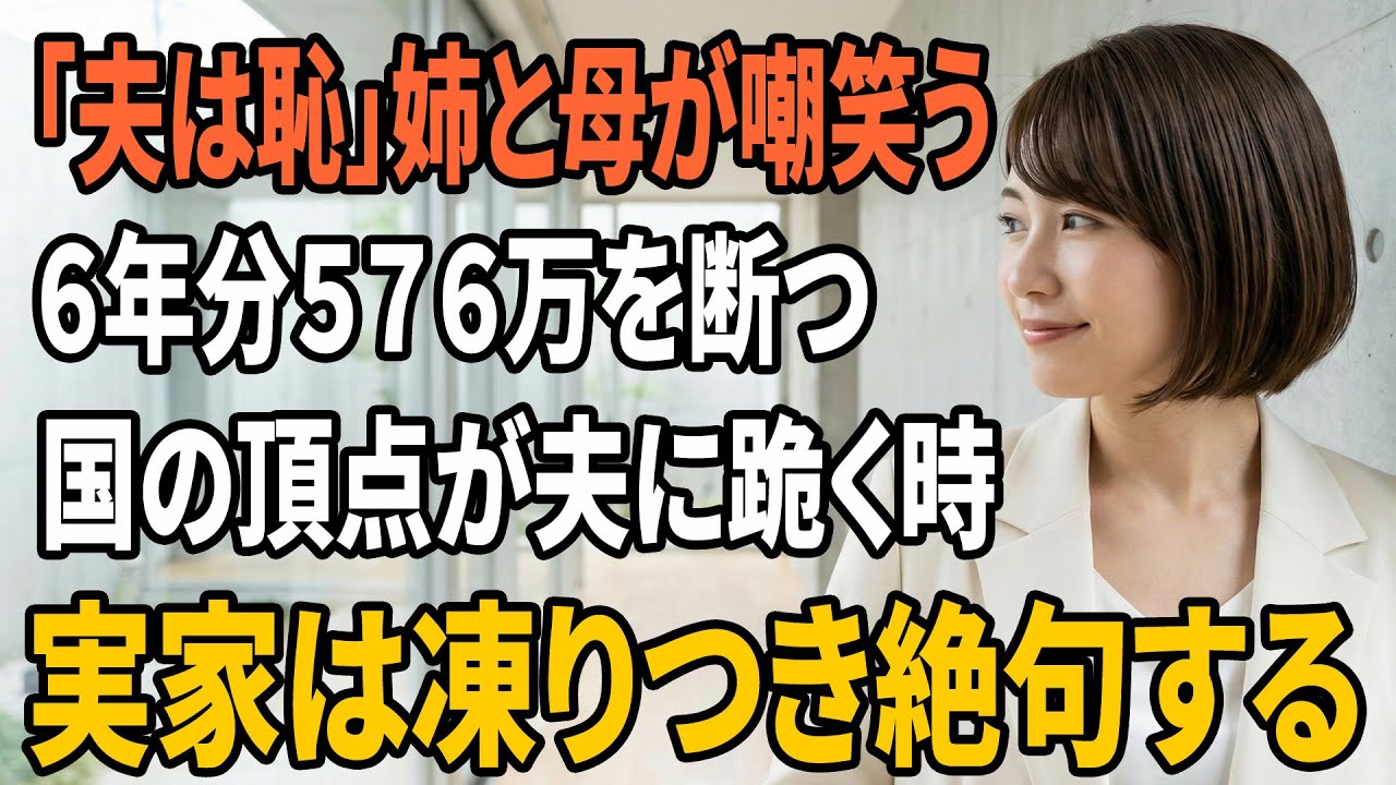 【スカッとする話】姉「地味な夫は恥」母も同調…私は6年分576万円を断ち切った、次の瞬間“国のトップ”が夫に頭を下げた【朗読】【スカッと】【シニアライフ】【感動する話】
