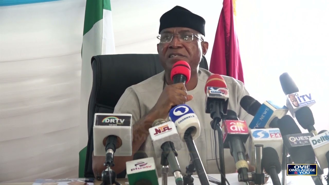 Ovie Omo-Agege answers questions from journalist in Asaba