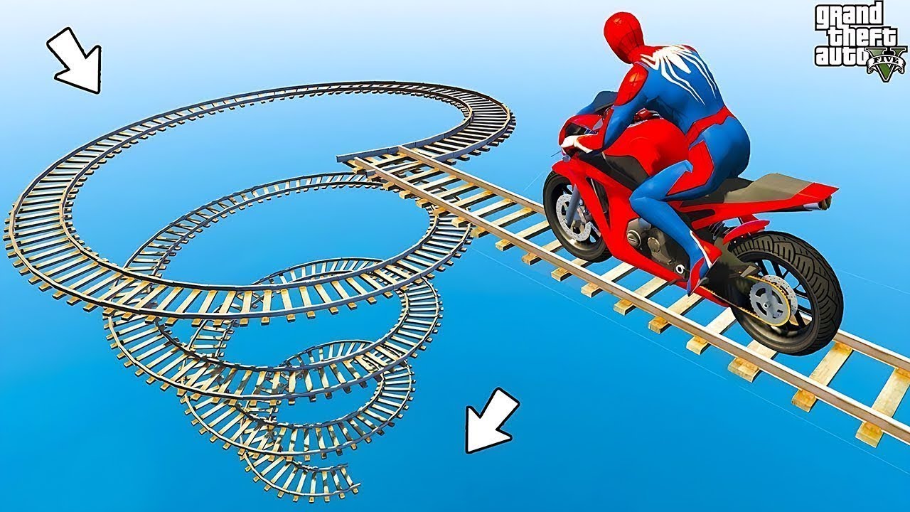 الأبطال الخارقين على القضبان دوامة قمع جسر - SPIDER-MAN on Motorcycle in Spiral Bridge Stunt Ride)!!