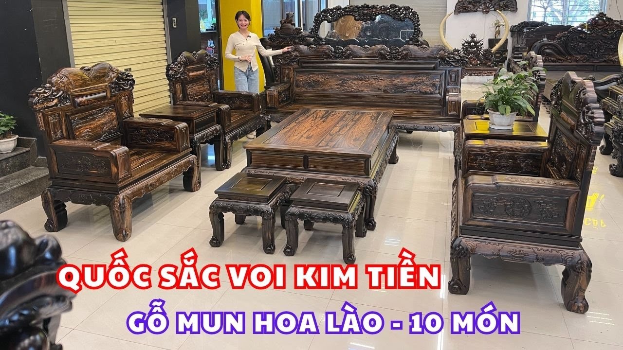 Bộ bàn ghế Quốc Sắc Voi Kim Tiền gỗ Mun Lào mẫu mới nhất năm 2026