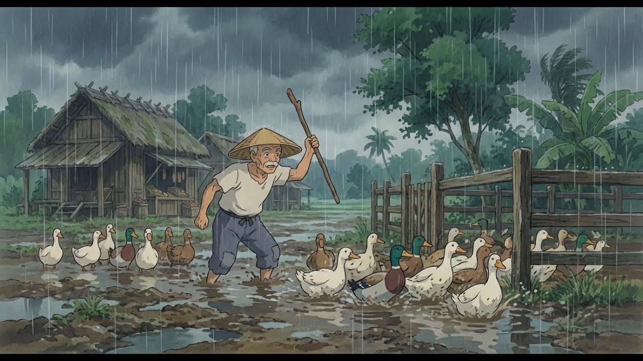 Herding Ducks in Heavy Rain & Harvesting Eggs | Relaxing Village Life Ghibli Style Video