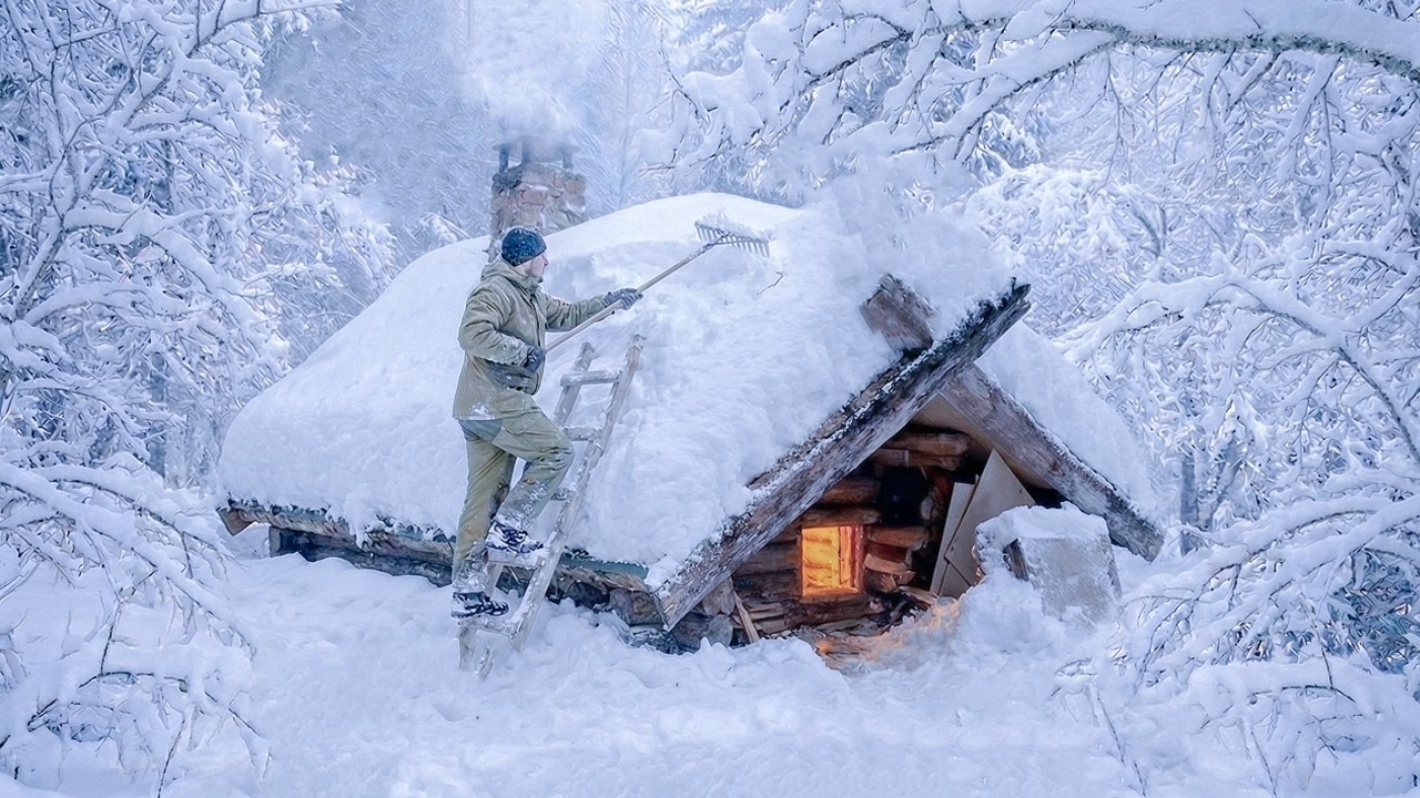 Surviving the SNOWSTORM by building a Log Cabin |  Extreme Off Grid Survival