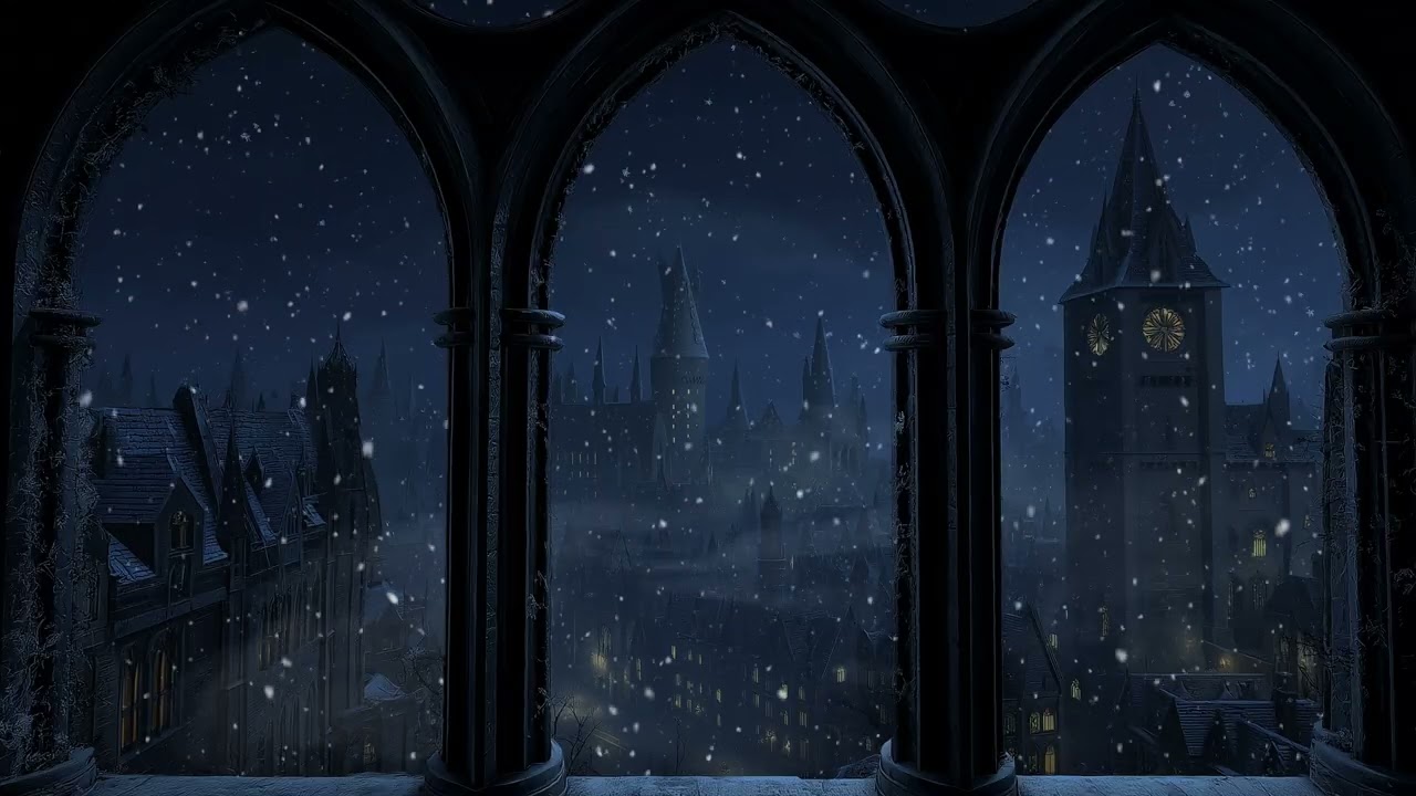 Calm Your Mind with Hogwarts Snowy Night Window View | Winter Castle Ambience for Focus & Rest