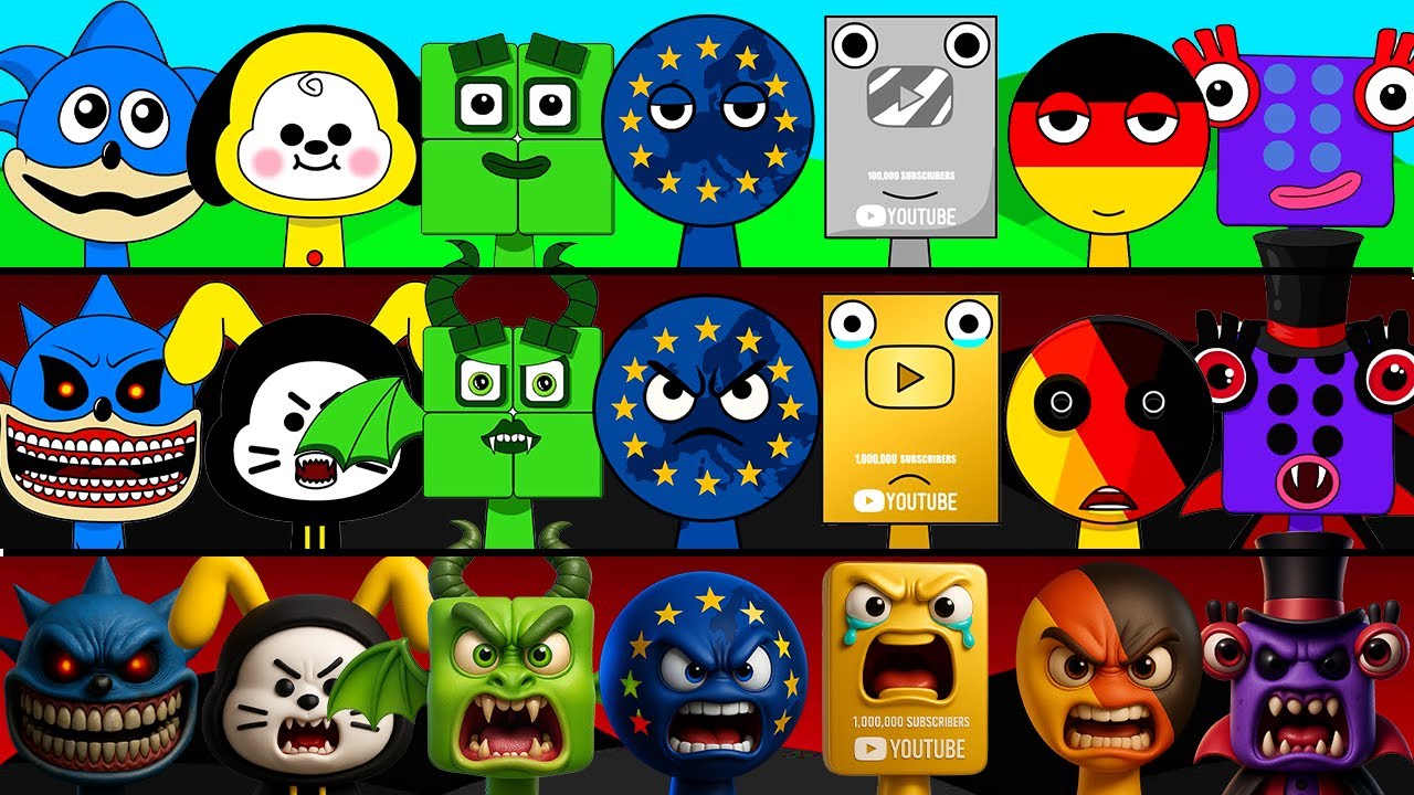 Incredibox Sprunki OC Phase 1 to Phase 3 European Union, Four (Numberblocks), YouTube Play Button,..
