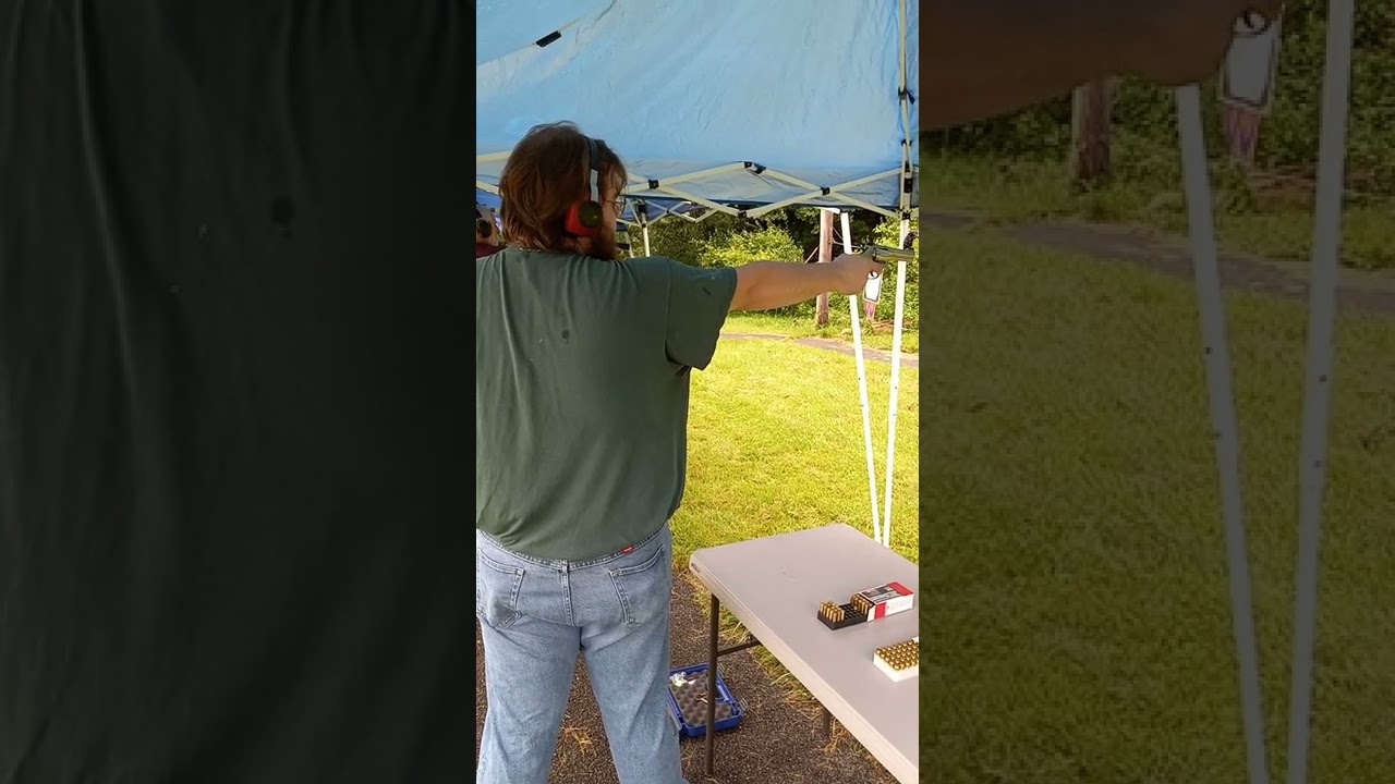 Gabe shooting one handed at the handgun safety course