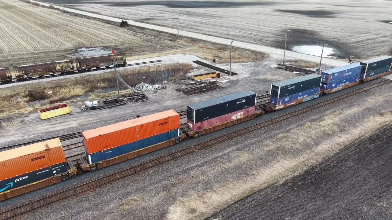 Drone video of two Union Pacific Z trains west of Nevada, Iowa