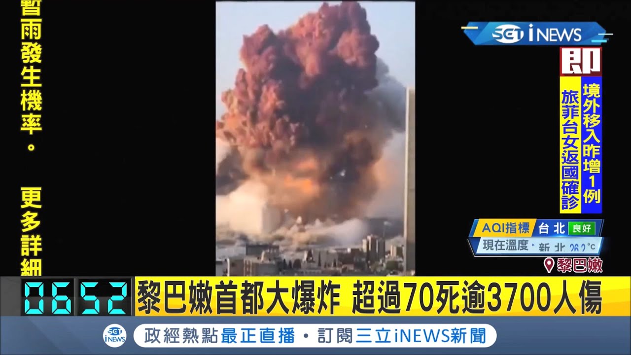 #iNEWS最新  黎巴嫩首都貝魯特大爆炸！炸出紅色蕈狀雲...超過70死逾3700人受傷 │記者程思瑋│【國際局勢。先知道】20200805│三立iNEWS