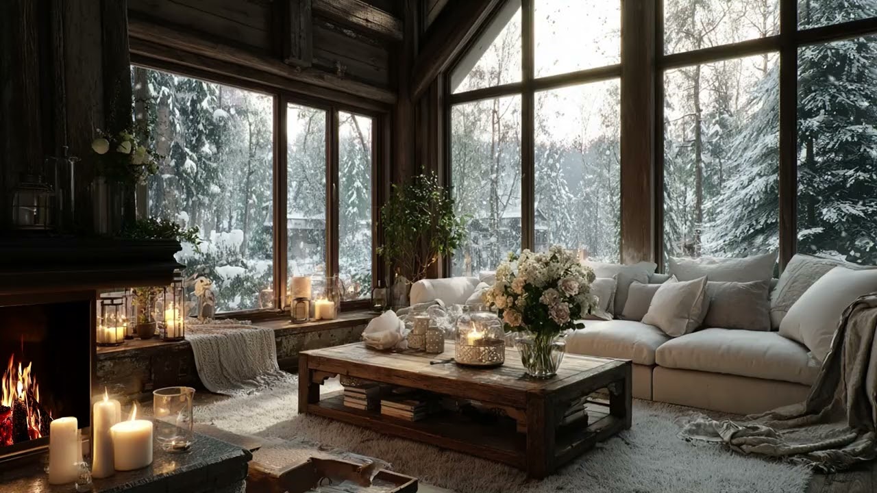 Winter Stillness: Calming Piano Music in a Snowy Cabin with a Crackling Fireplace Glow