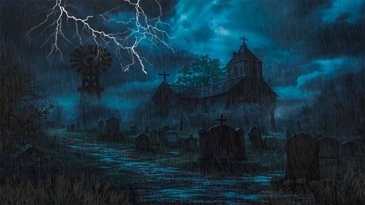 Haunted Cemetery Storm | Abandoned Church,Lightning &Heavy Rain on a Creepy Halloween Night Ambience
