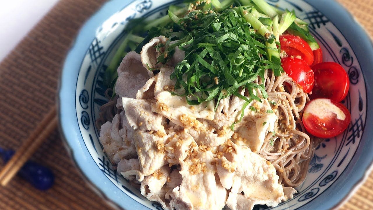 Pork shabu shabu soba noodles & soba dipping sauce, Creamy sesame dressing recipe.豚しゃぶしゃぶのごまだれ冷蕎麦レシピ