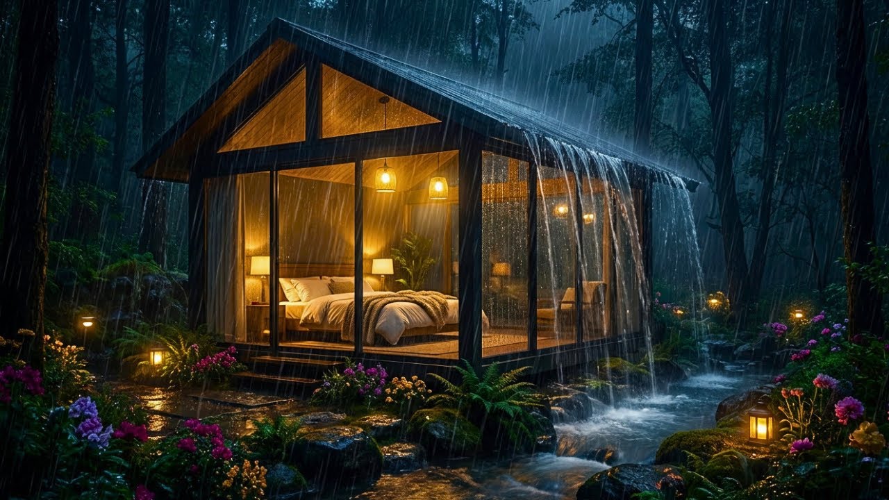 Relaxing Forest Rain Sounds at Night in a Cozy Cabin for Deep Sleep, Insomnia & Stress Relief