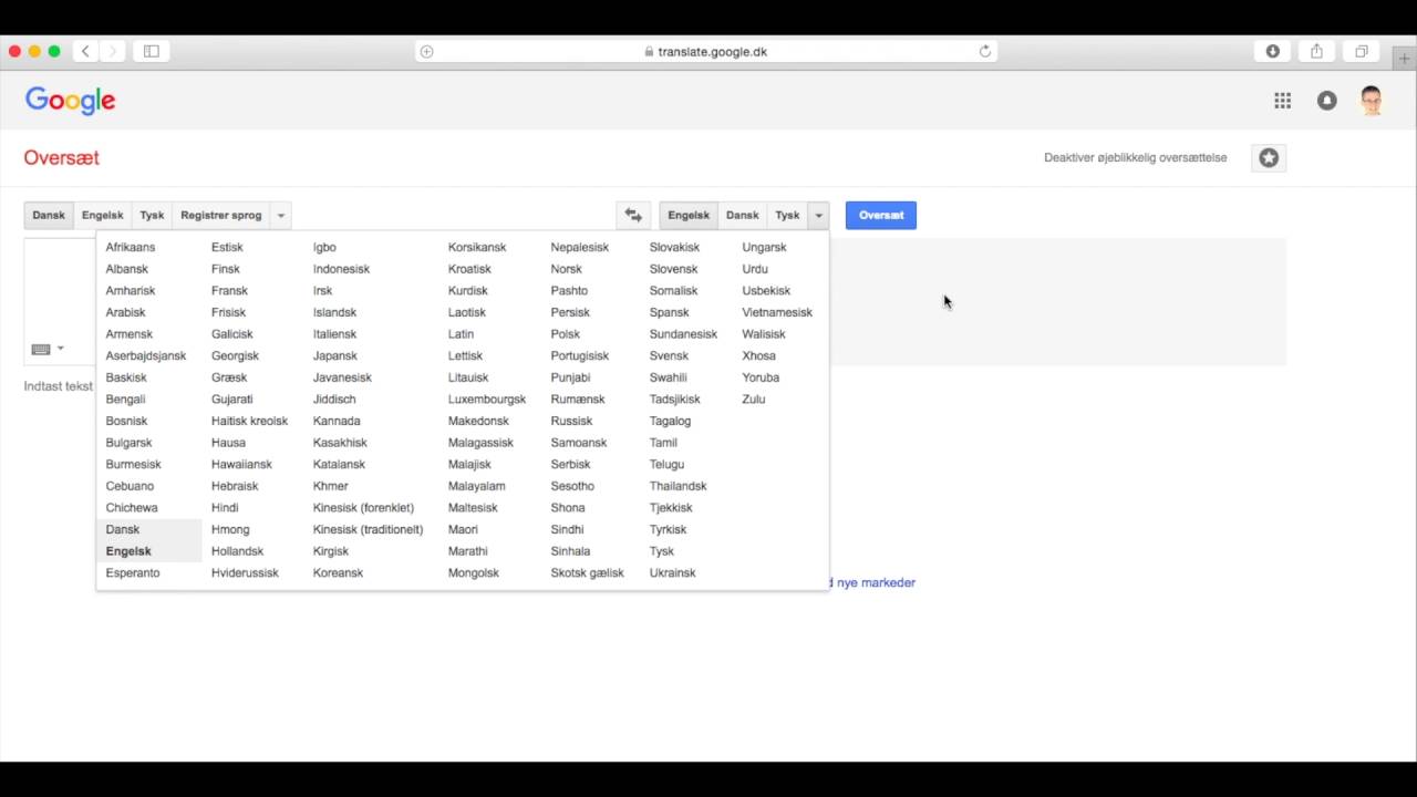 Overs&aelig;t med Google Translate - Ordtavlen