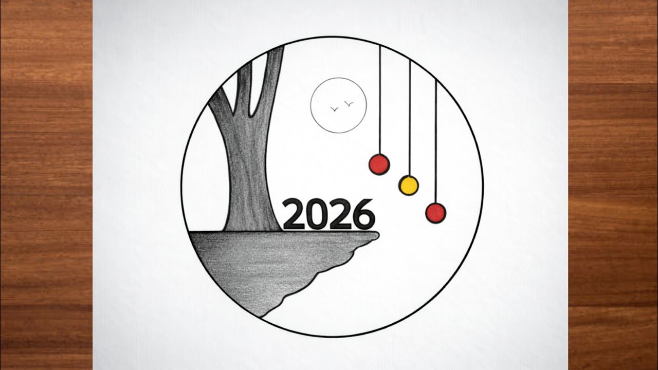 New Year 2026 Pencil Sketch Art | Minimal Tree & Hanging Ornaments Drawing