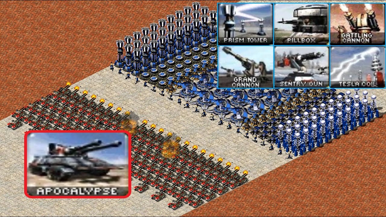 Apocalypse vs Base Defenses - Same Cost - Red Alert 2