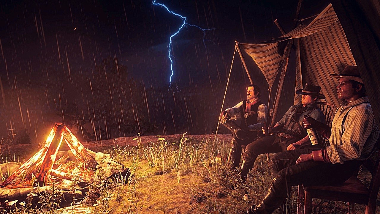 Sleeping at Horseshoe Overlook • Heavy Thunderstorm & Campfire • RDR2 Ambience