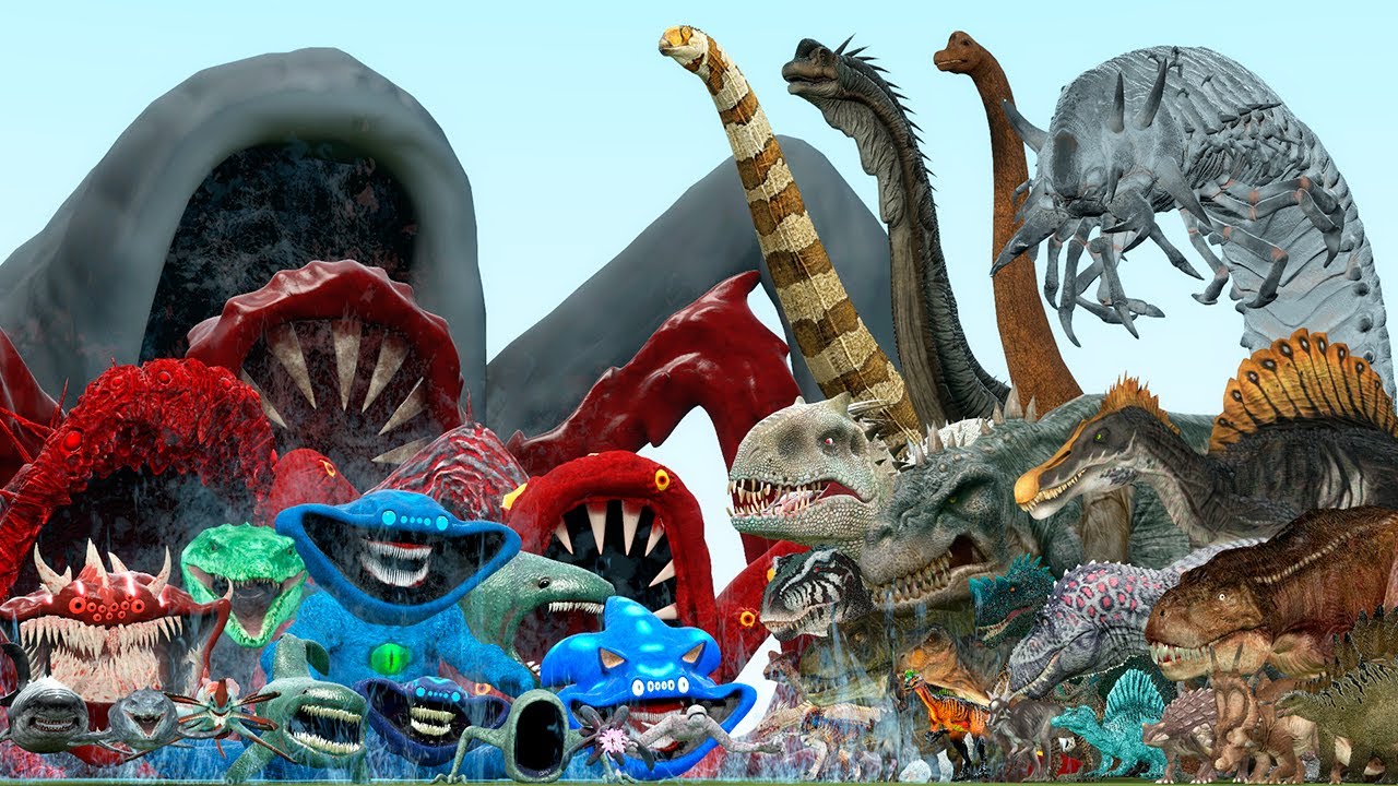 ALL DEEP SEA EATER MONSTERS VS BRACHIOSAURUS, T-REX AND DEATHWORM DINOSAURS (Garry's Mod)