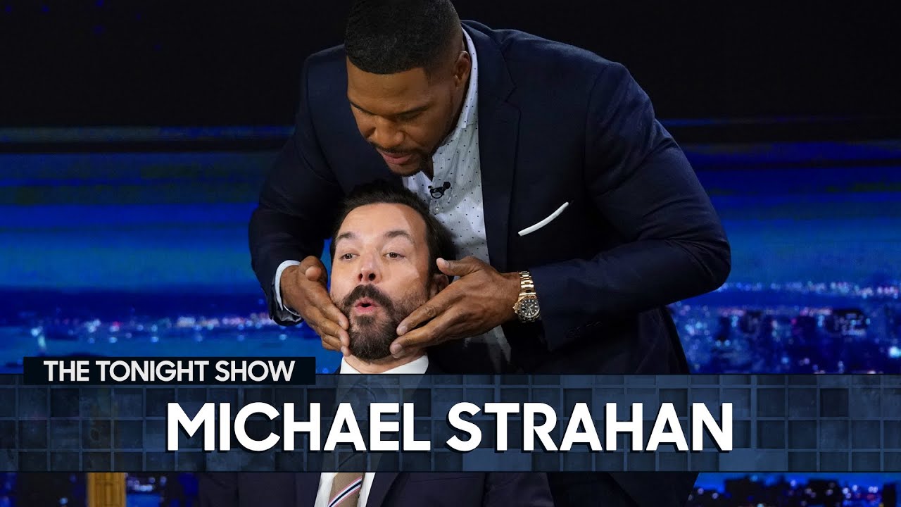 Michael Strahan Massages Jimmy's Face with His New Daily Defense Beard Oil | The Tonight Show