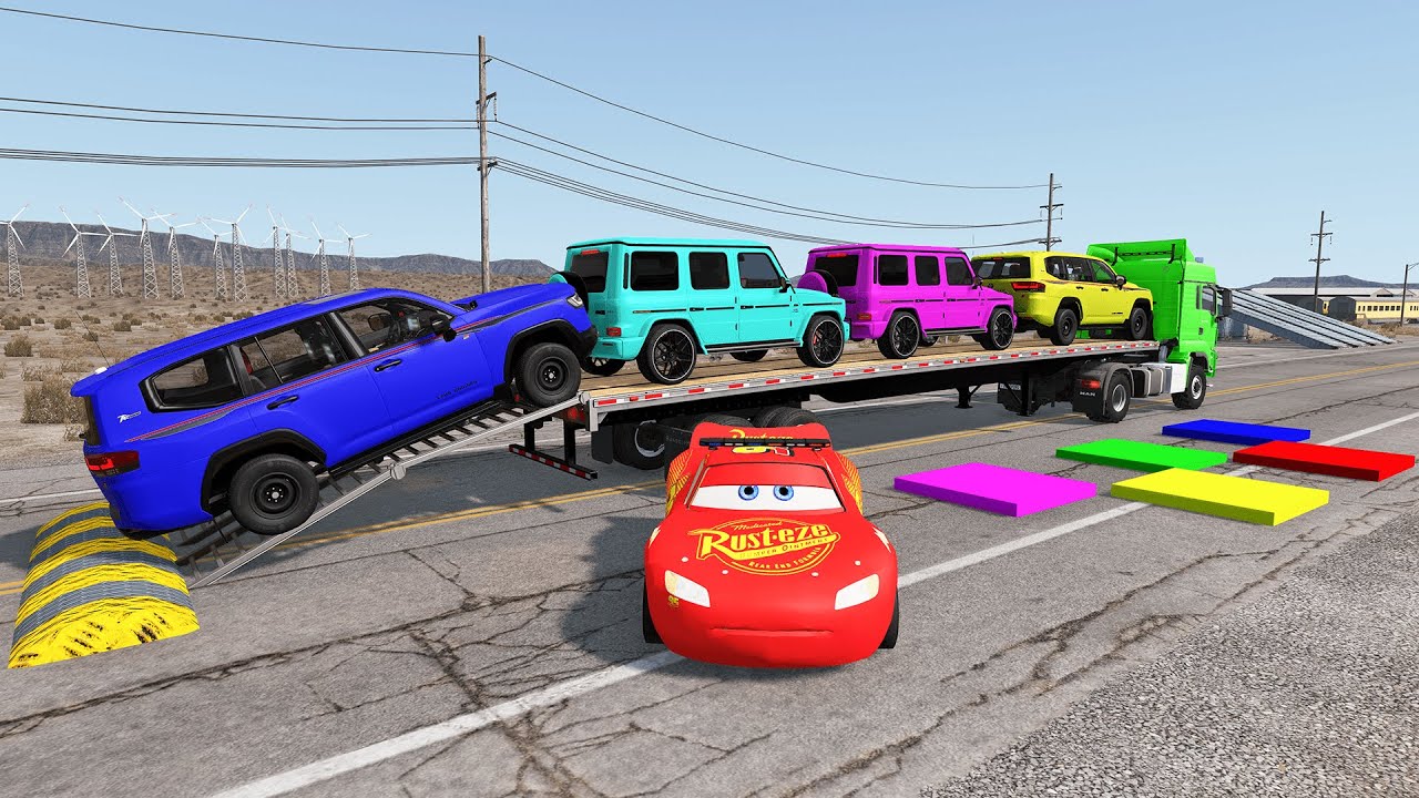 Flatbed Truck McQueen | Transportation with Truck - Pothole vs Car #77| BeamNG.Drive Gameplay