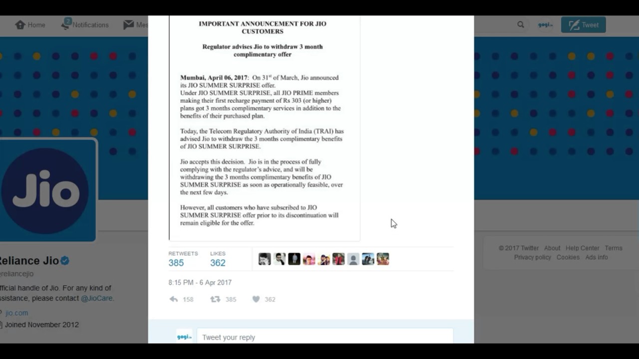 Reliance Jio Summer Surprise Offer Withdrawn (Hindi)